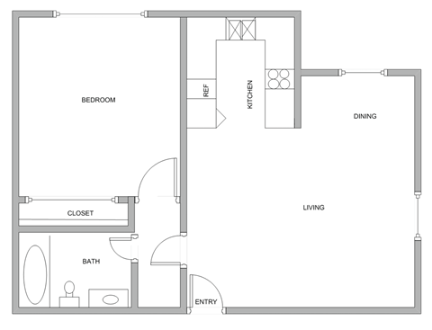 Floor plan for 1 bed, 1 bath, 837 sqft